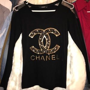 BLACK CHANEL TOP WITH MESH SHOULDERS